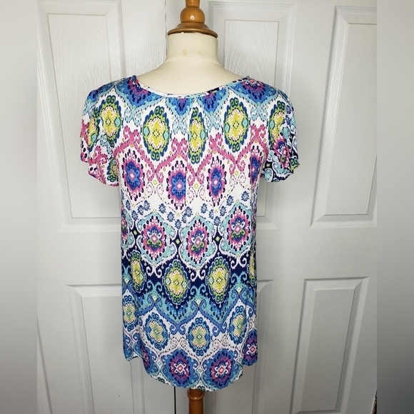 Farmers Market by One World Top S Ikat Tie Neck Popover Sequins Flutter Sleeves - Picture 9 of 13